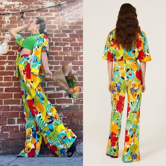 SIMON MILLER Tropical Floral Fruit Print High Rise Wide Leg Pull On Veda Pants L - Picture 2 of 11